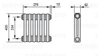 Схема (чертеж) Радиатор Zehnder Charleston 2040/6 №1270 Белый глянцевый RAL 9016